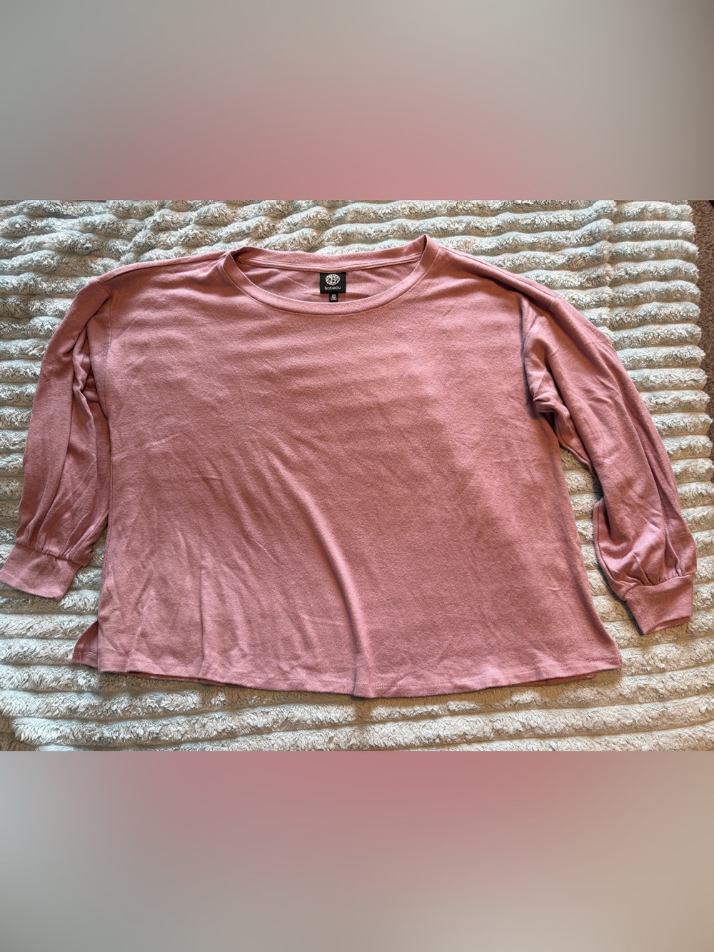 Bobeau 2X Dusty Rose Puff Sleeve Knit Top | Soft Stretch 3/4 Sleeve Blouse
